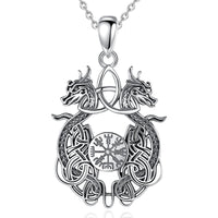 Norse Dragon and Vegvisir 925 Sterling Silver Necklace