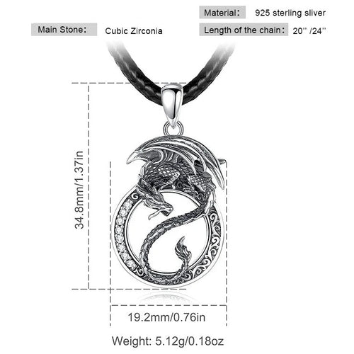 Norse Dragon 925 Sterling Silver Necklace With Zirconia Stones