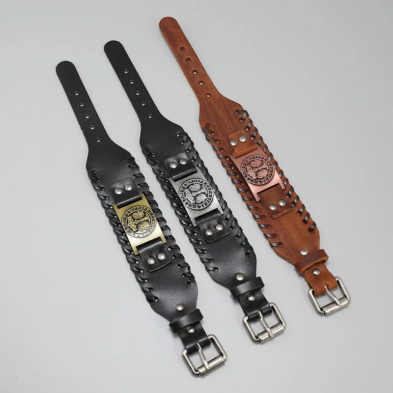 Mjölnir Leather Bracelet With Runes