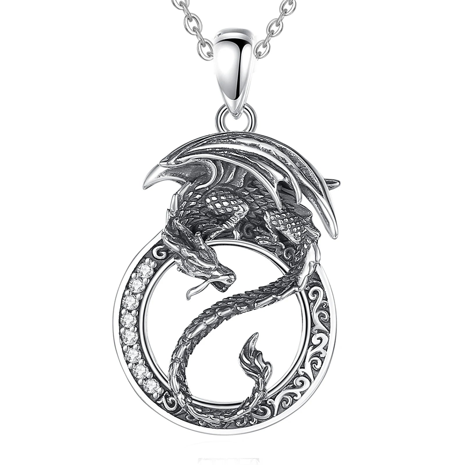 Norse Dragon 925 Sterling Silver Necklace With Zirconia Stones