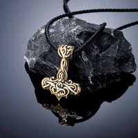 Hammer of Thor Mjolnir with Golden Bas Relief  Stainless Steel Necklace