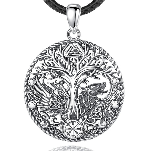 Wolf and Raven over Yggdrasil 925 Sterling Silver Necklace