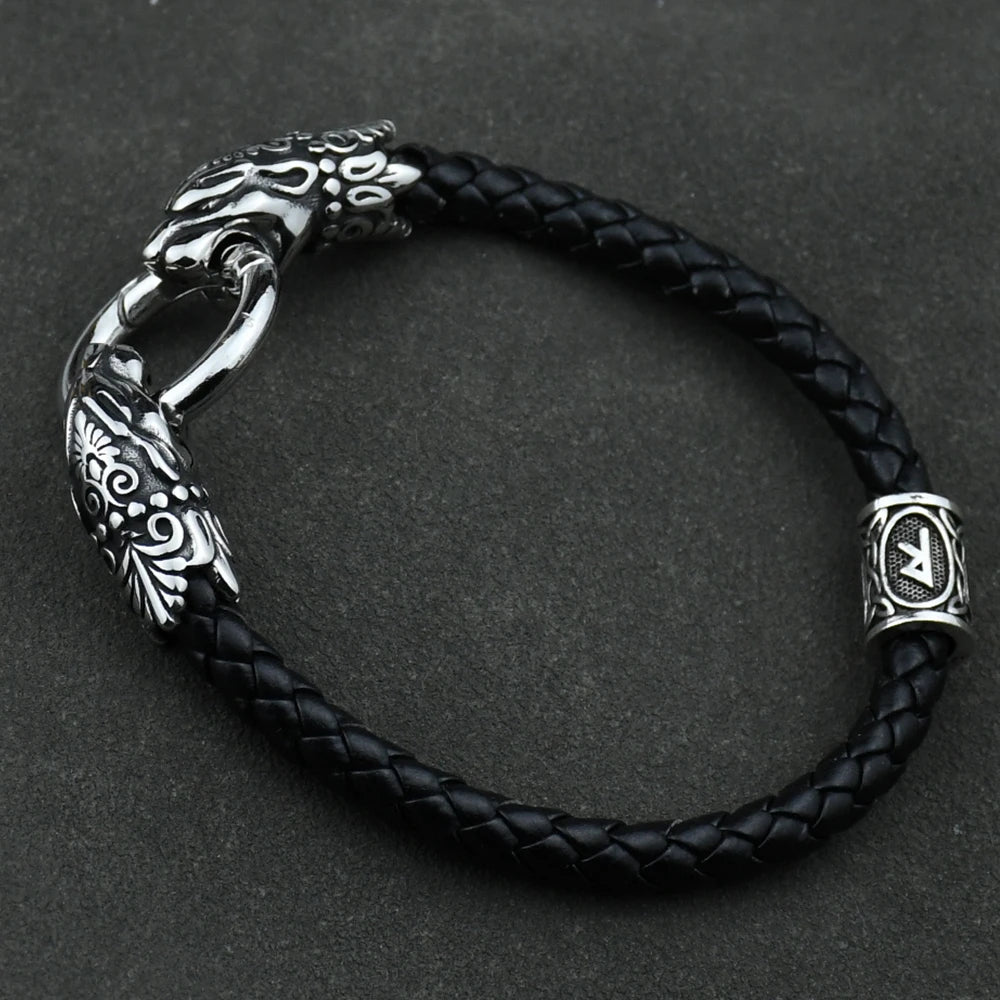 Freya Cat with Runes Steel and Leather Bracelet