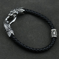 Freya Cat with Runes Steel and Leather Bracelet