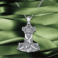 Wolf on Mjolnir 925 Sterling Silver Necklace