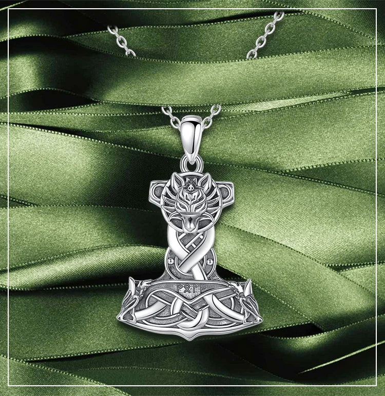 Wolf on Mjolnir 925 Sterling Silver Necklace