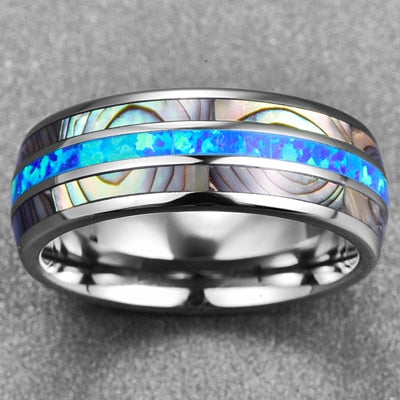 Thor Thunder 8mm Tungsten Carbide Ring with Blue Opal and Abalone Shell