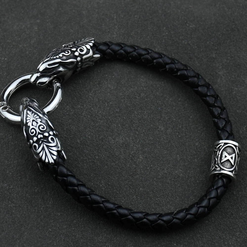 Freya Cat with Runes Steel and Leather Bracelet