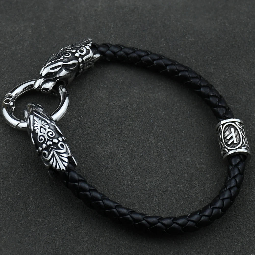 Freya Cat with Runes Steel and Leather Bracelet