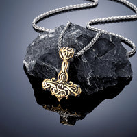 Hammer of Thor Mjolnir with Golden Bas Relief  Stainless Steel Necklace