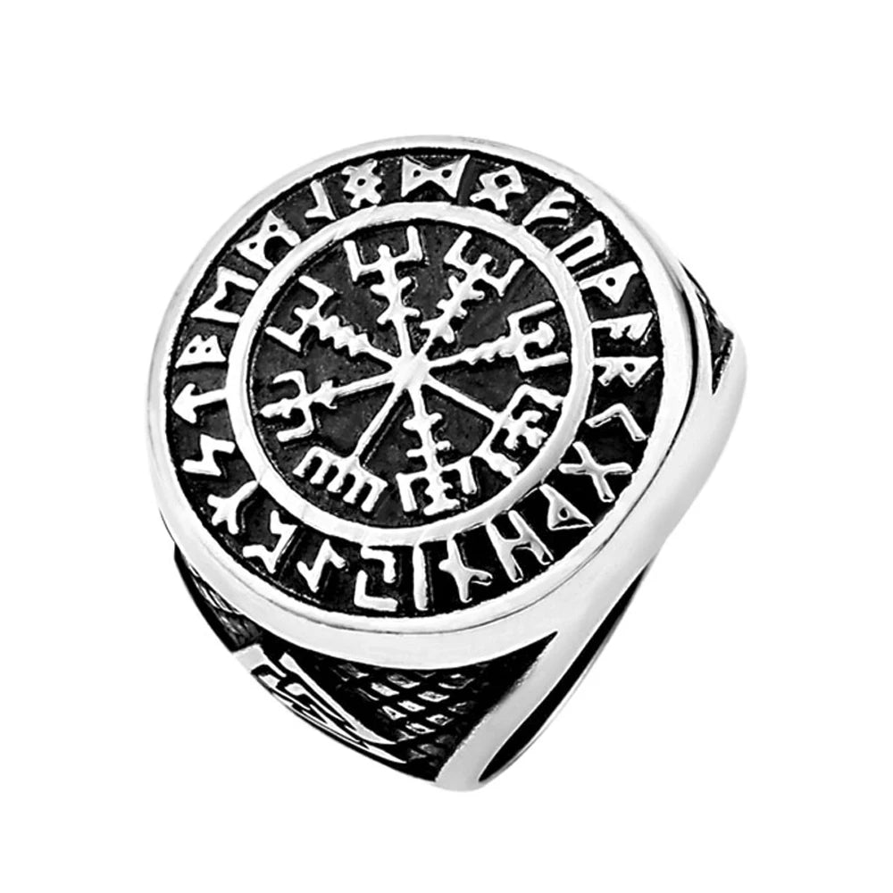 Vegvisir Tjhe Viking Compass and Valknut  Triangle Stainless Steel Ring