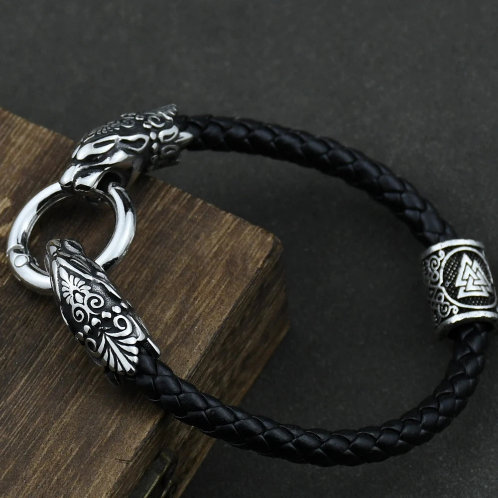 Freya Cat with Runes Steel and Leather Bracelet