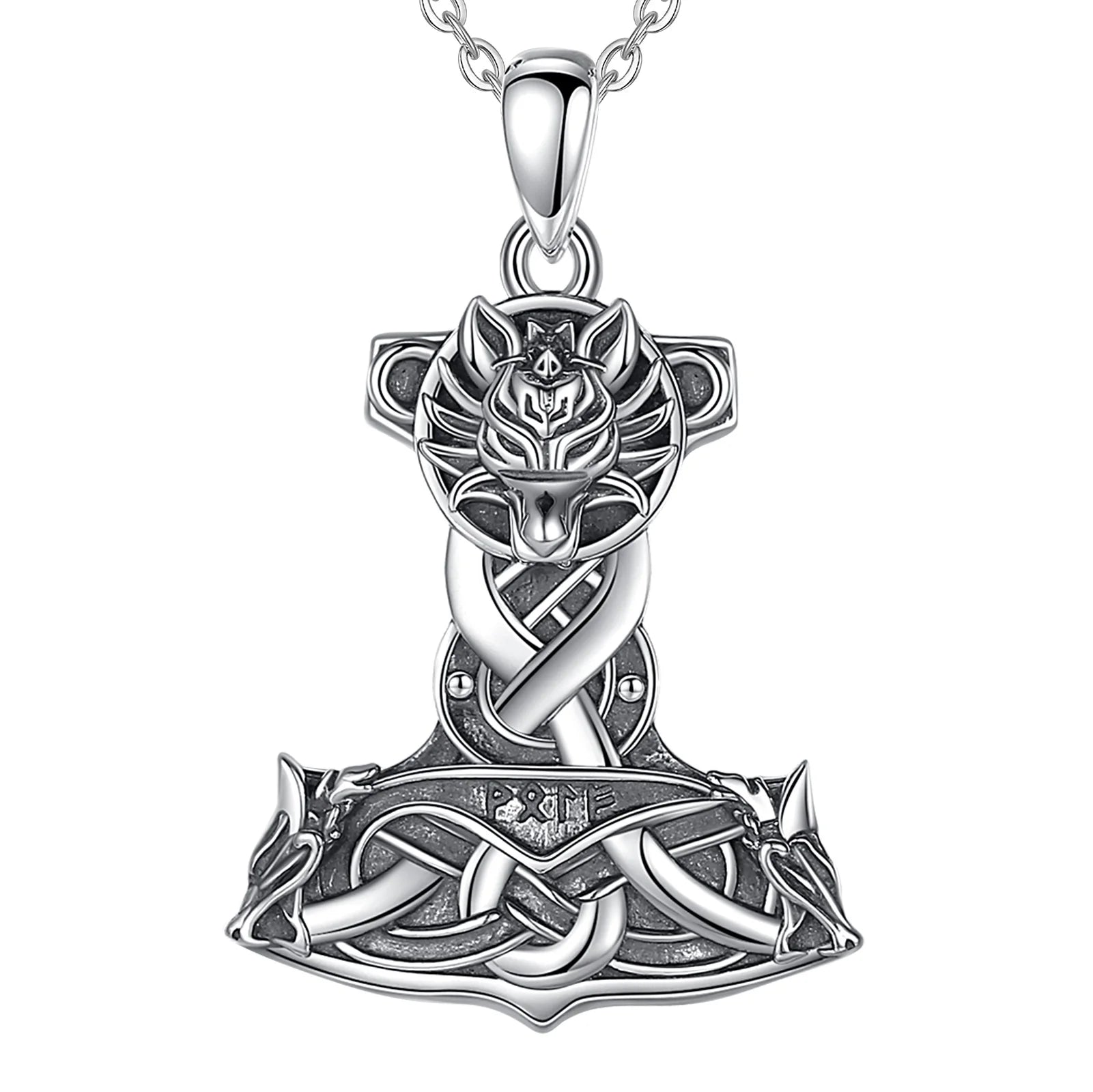 Wolf on Mjolnir 925 Sterling Silver Necklace