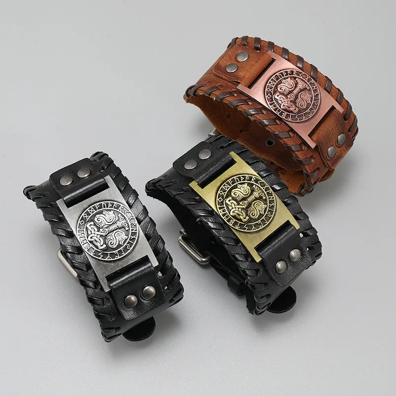 Mjölnir Leather Bracelet With Runes