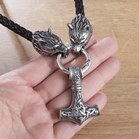 Hammer of Thor Mjolnir with Wolf Stainless Steel Necklace