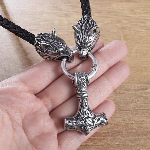 Hammer of Thor Mjolnir with Wolf Stainless Steel Necklace