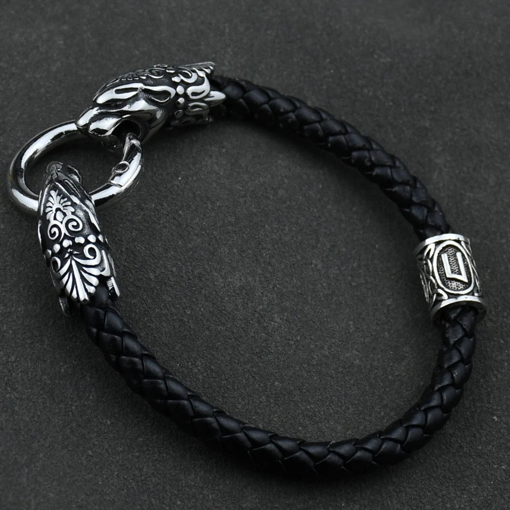 Freya Cat with Runes Steel and Leather Bracelet