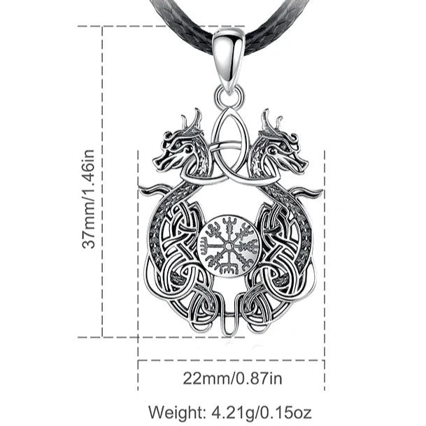 Norse Dragon and Vegvisir 925 Sterling Silver Necklace