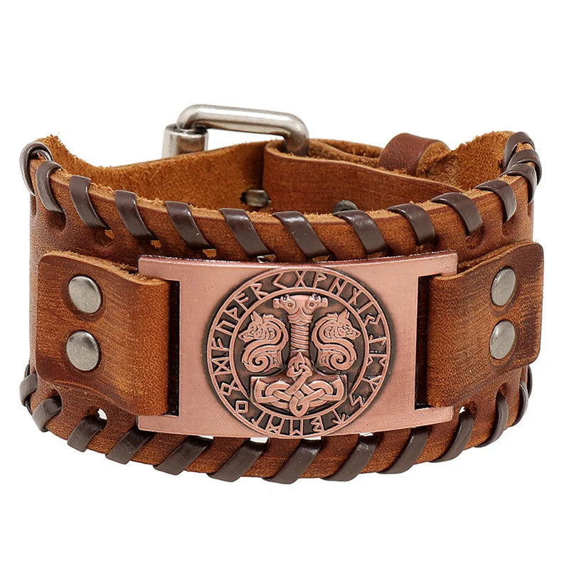 Mjölnir Leather Bracelet With Runes