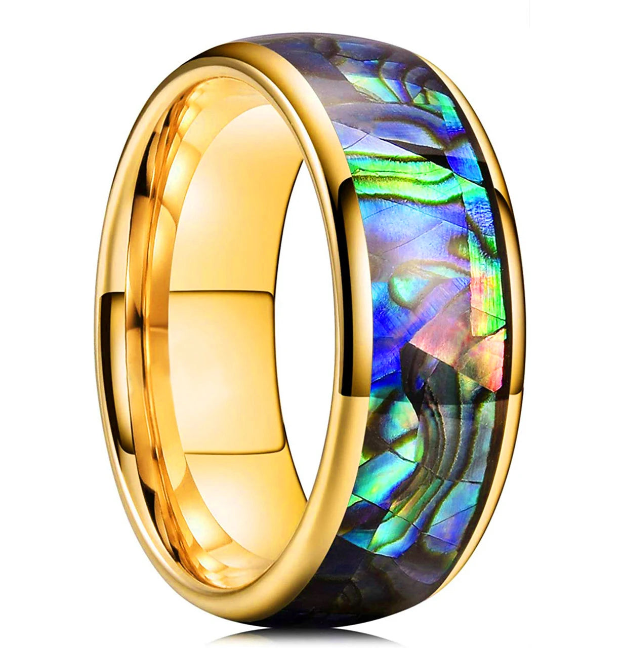 Wide Bifrost the Rainbow Bridge 8mm wide Tungsten Carbide Ring with Abalone Shell Inlay