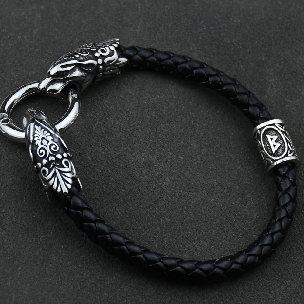 Freya Cat with Runes Steel and Leather Bracelet