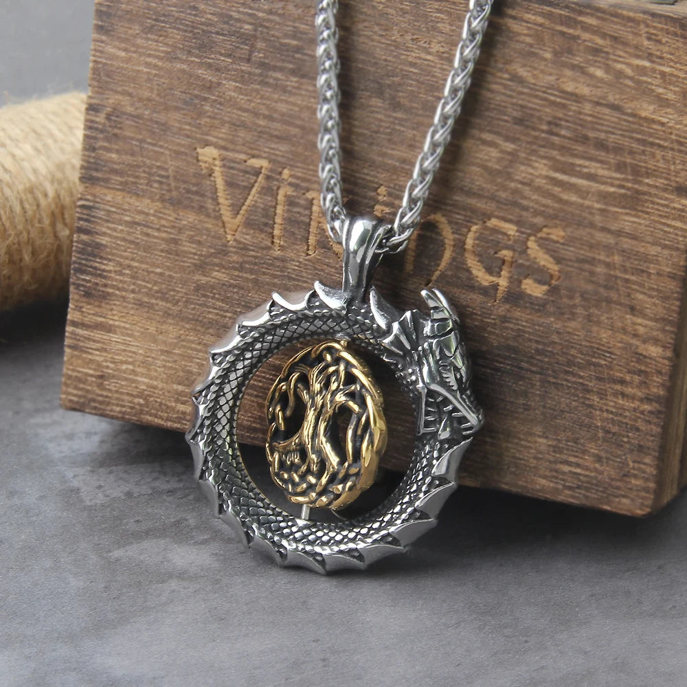 The Dragon Nidhogg and The Tree of Life Stainless Steel Necklace