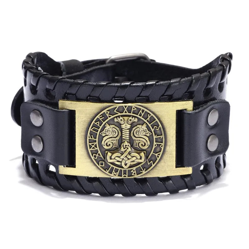 Mjölnir Leather Bracelet With Runes
