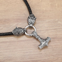 Hammer of Thor Mjolnir with Wolf Stainless Steel Necklace
