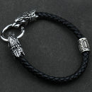 Freya Cat with Runes Steel and Leather Bracelet