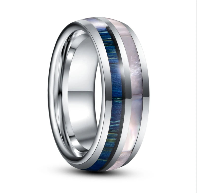 Waves of Njord Tungsten Carbide Ring With Seashell and Blue Wood Inlay