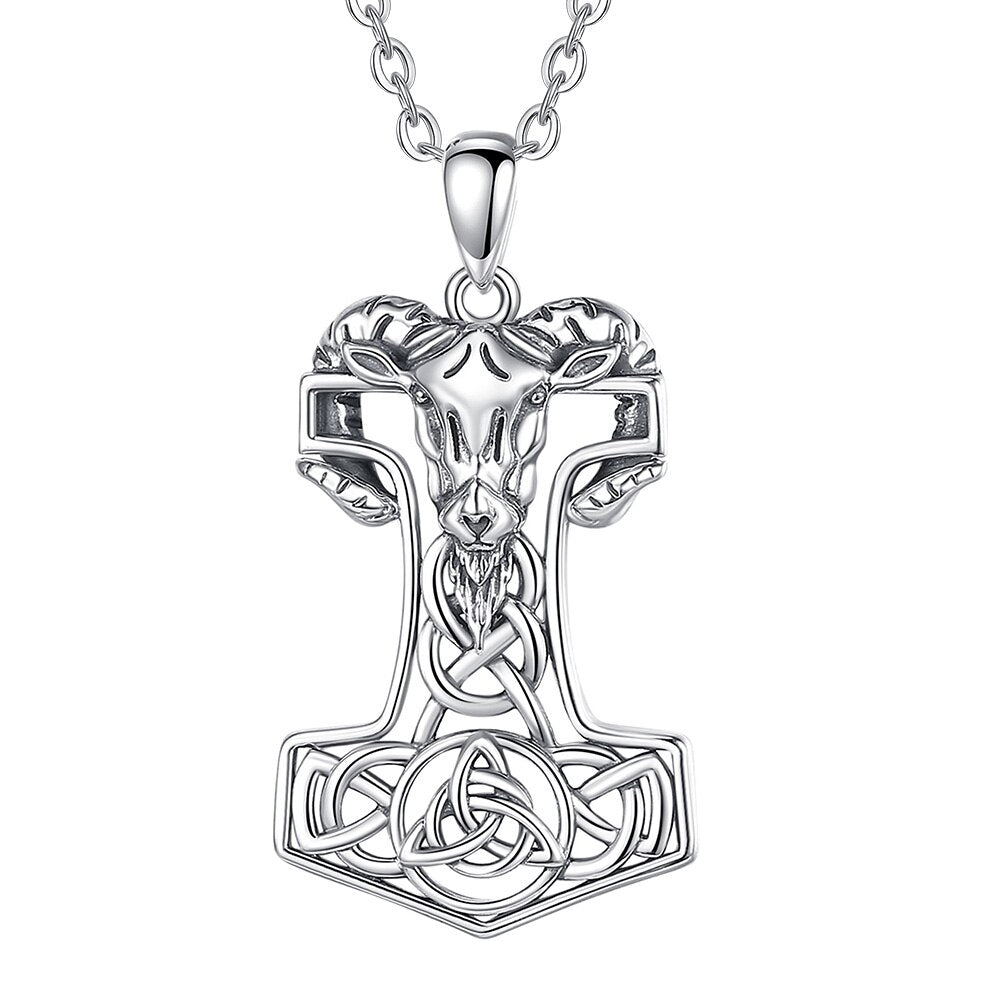 Mjolnir with Goat and Triskele 925 Sterling Silver Necklace