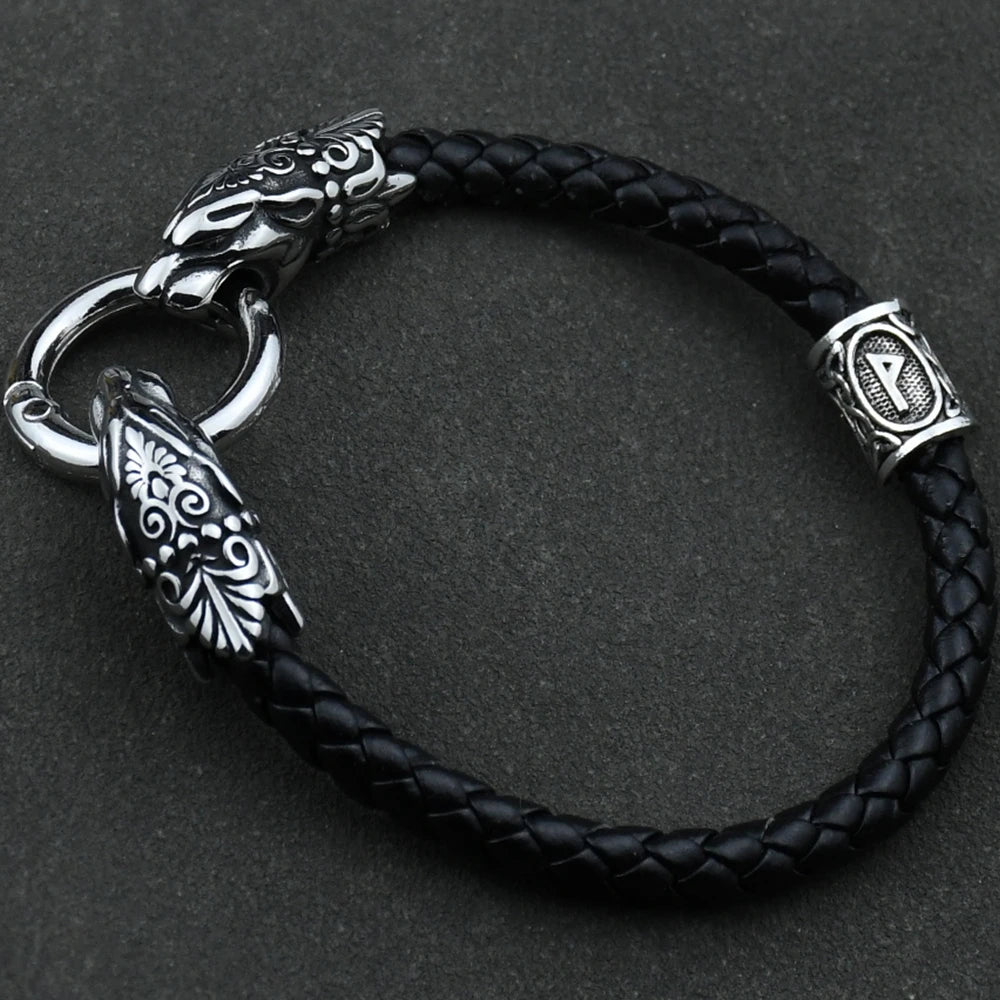 Freya Cat with Runes Steel and Leather Bracelet