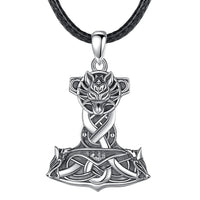 Wolf on Mjolnir 925 Sterling Silver Necklace