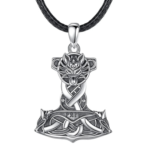 Wolf on Mjolnir 925 Sterling Silver Necklace