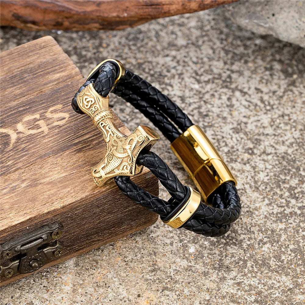 Mjolnir Leather Bracelet with Magnetic Buckle