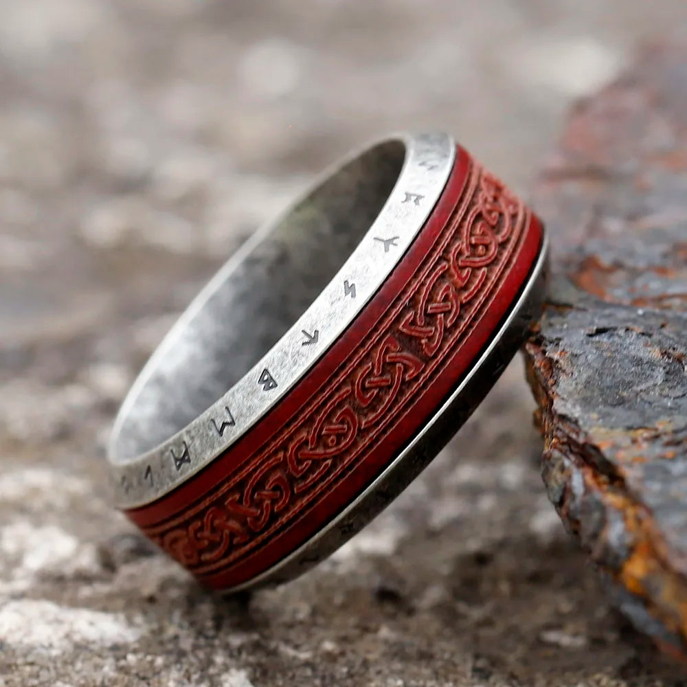 Red Norse Knot Rune Ring Stainless Steel and Rosewood Ring