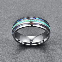 Ginnungagap Fire and Ice 8mm Tungsten Carbide Ring with Abalone Shell and Green Opal Stone