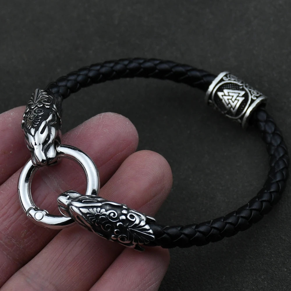 Freya Cat with Runes Steel and Leather Bracelet