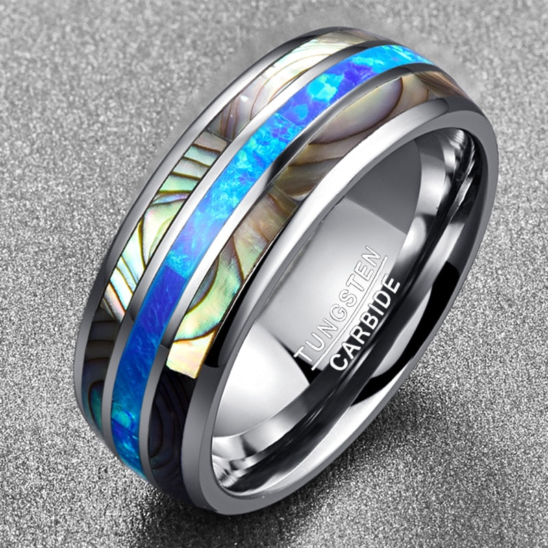 Thor Thunder 8mm Tungsten Carbide Ring with Blue Opal and Abalone Shell