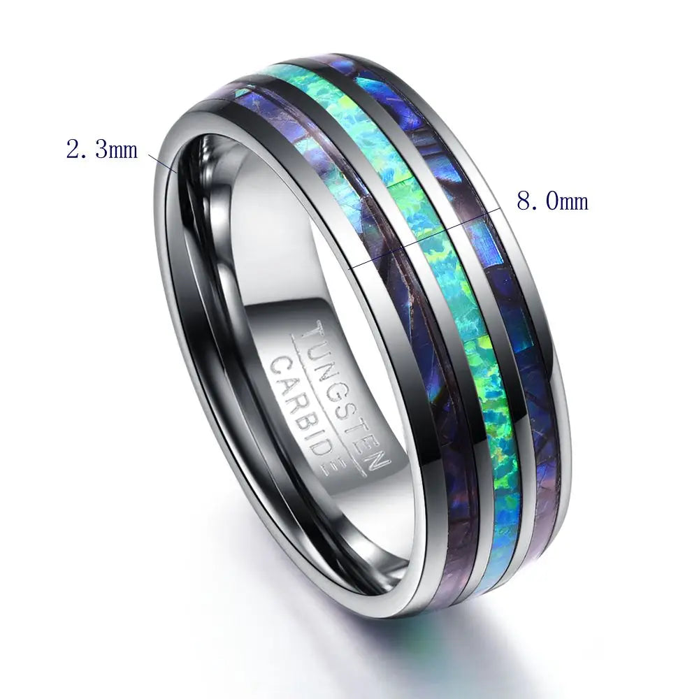 Ginnungagap Fire and Ice 8mm Tungsten Carbide Ring with Abalone Shell and Green Opal Stone