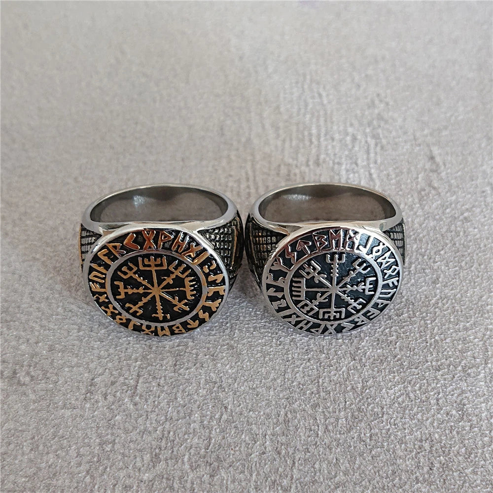 Vegvisir Tjhe Viking Compass and Valknut  Triangle Stainless Steel Ring
