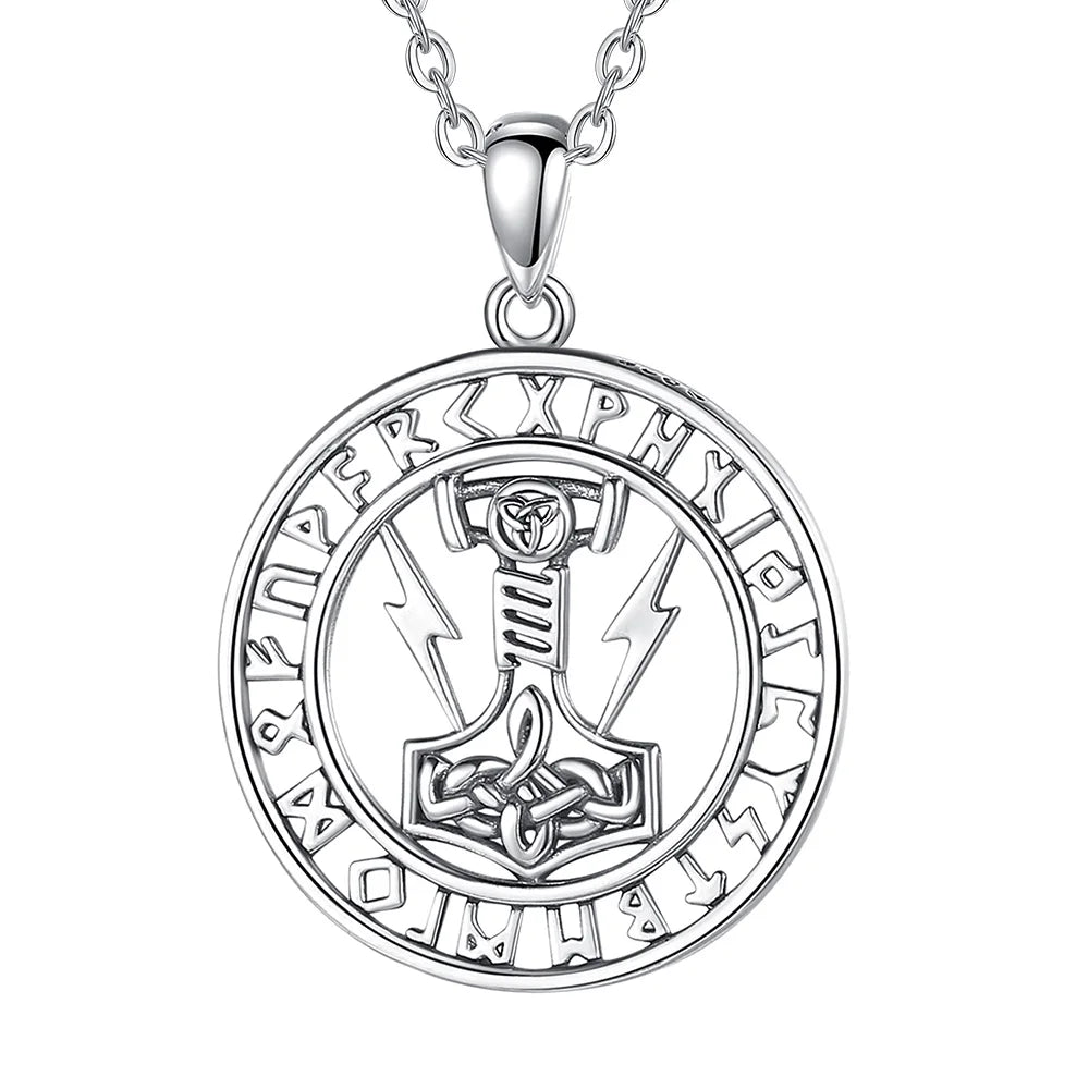 Mjolnir Encircled in Runes 925 Sterling Silver Necklace