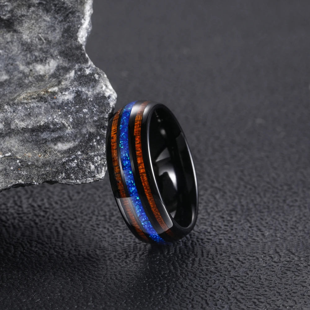 Ginnungagap Fire and Ice Tungsten Carbide Ring with Opal Stone