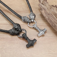 Hammer of Thor Mjolnir with Wolf Stainless Steel Necklace
