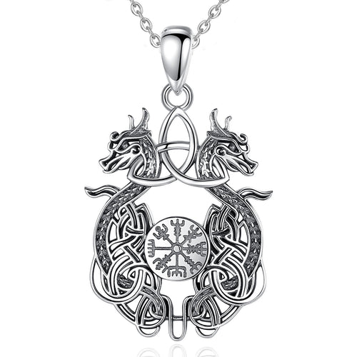 Norse Dragon and Vegvisir 925 Sterling Silver Necklace