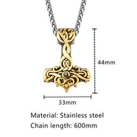 Hammer of Thor Mjolnir with Golden Bas Relief  Stainless Steel Necklace