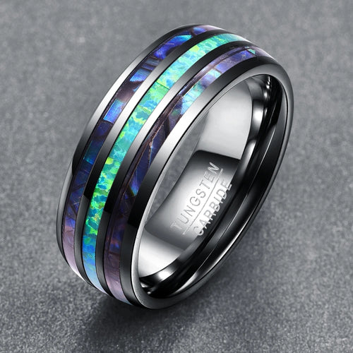 Ginnungagap Fire and Ice 8mm Tungsten Carbide Ring with Abalone Shell and Green Opal Stone
