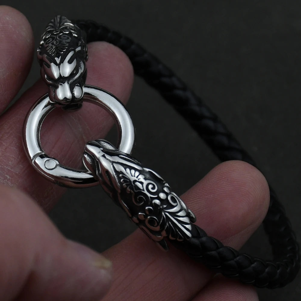 Freya Cat with Runes Steel and Leather Bracelet