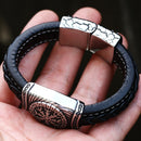 Viking Staves Valknut, Vegvisir and Aegishjalmur Leather and Steel Bracelet