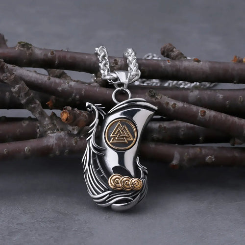 Longship with Valknut stainless Steel Necklace